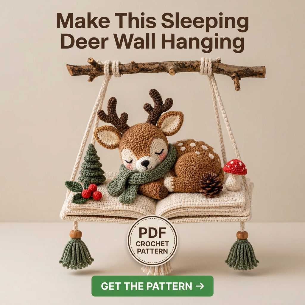 Christmas Wall Hanging Crochet Pattern — Sleeping Deer Scene on an Open Book with Tassels, US Terms, PDF Download