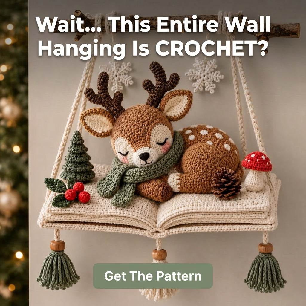 Christmas Wall Hanging Crochet Pattern — Sleeping Deer Scene on an Open Book with Tassels, US Terms, PDF Download