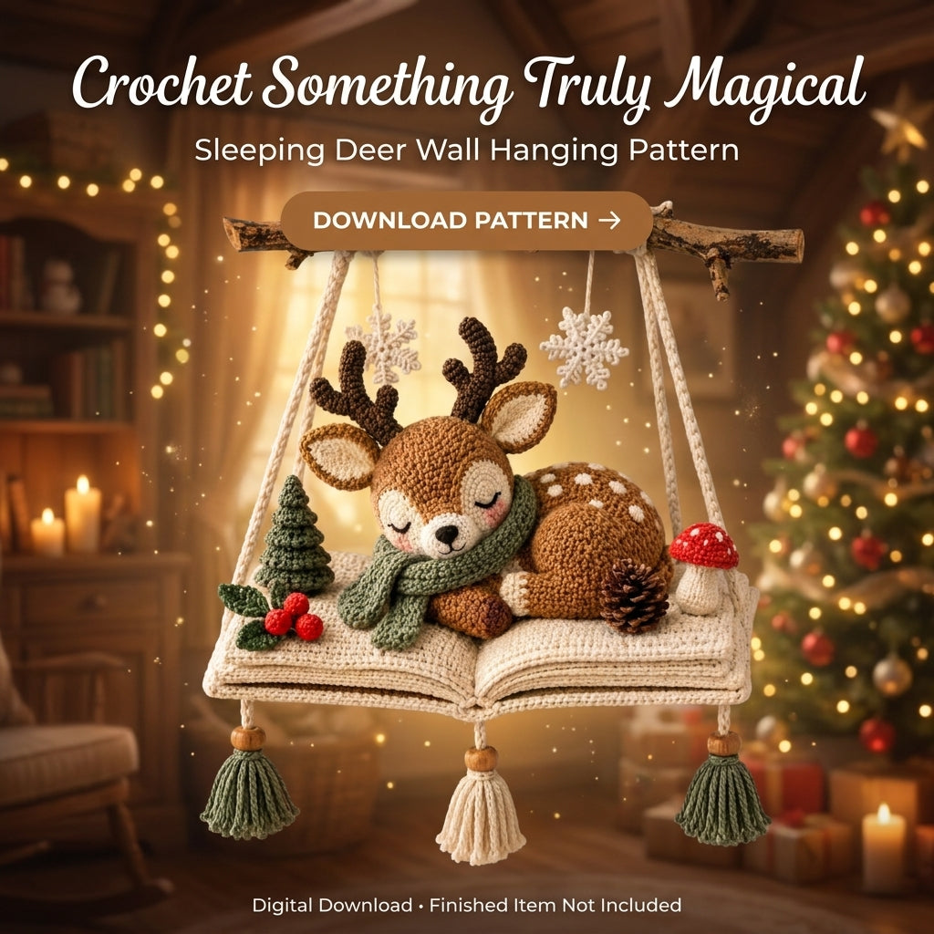 Christmas Wall Hanging Crochet Pattern — Sleeping Deer Scene on an Open Book with Tassels, US Terms, PDF Download
