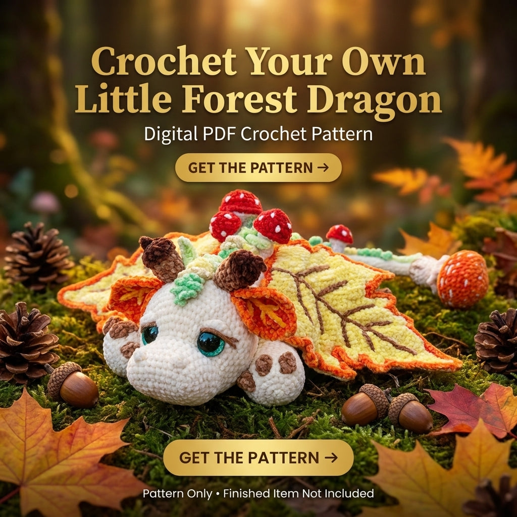 Autumn Leaf Dragon Crochet Pattern | Amigurumi Dragon with Leaf Wings & Mushrooms | Velvet Yarn Plush | PDF Instant Download