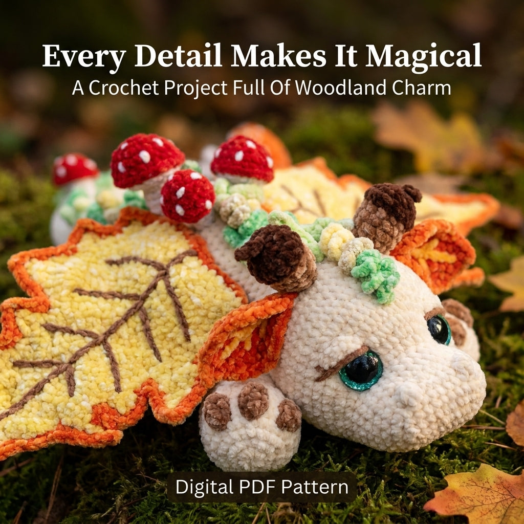 Autumn Leaf Dragon Crochet Pattern | Amigurumi Dragon with Leaf Wings & Mushrooms | Velvet Yarn Plush | PDF Instant Download