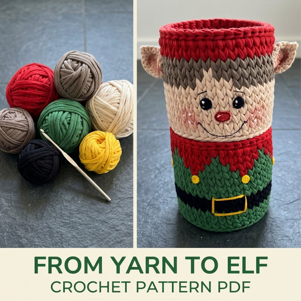 Elf Storage Basket Crochet Pattern PDF – Christmas T-Shirt Yarn Basket
