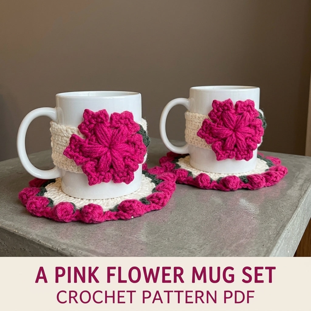 Pink Flower Mug Cozy and Coaster Set Crochet Pattern PDF – Mug Rug Set