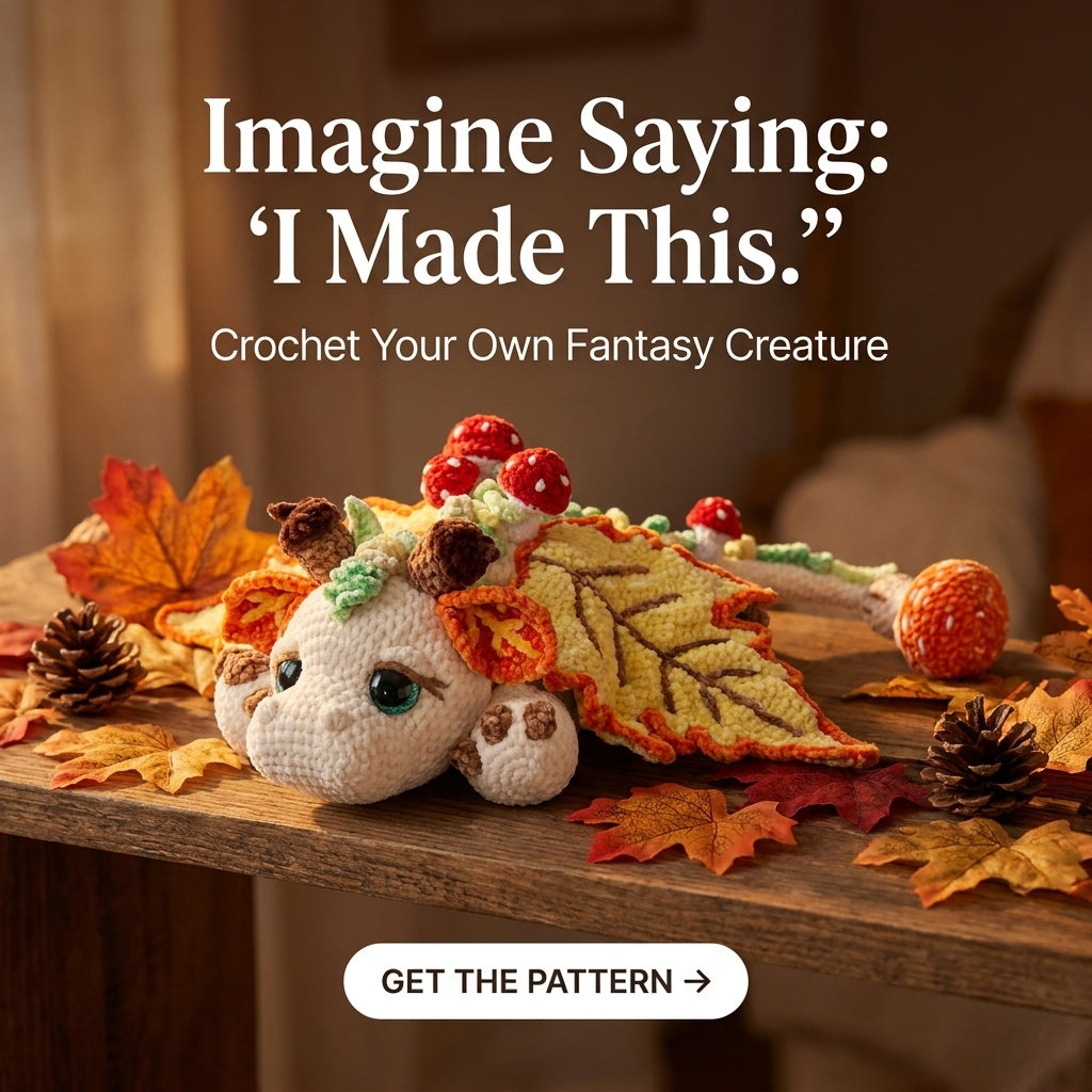 Autumn Leaf Dragon Crochet Pattern | Amigurumi Dragon with Leaf Wings & Mushrooms | Velvet Yarn Plush | PDF Instant Download