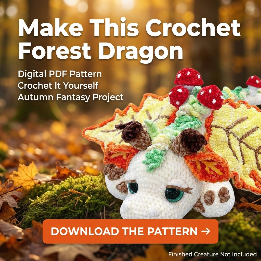 Autumn Leaf Dragon Crochet Pattern | Amigurumi Dragon with Leaf Wings & Mushrooms | Velvet Yarn Plush | PDF Instant Download