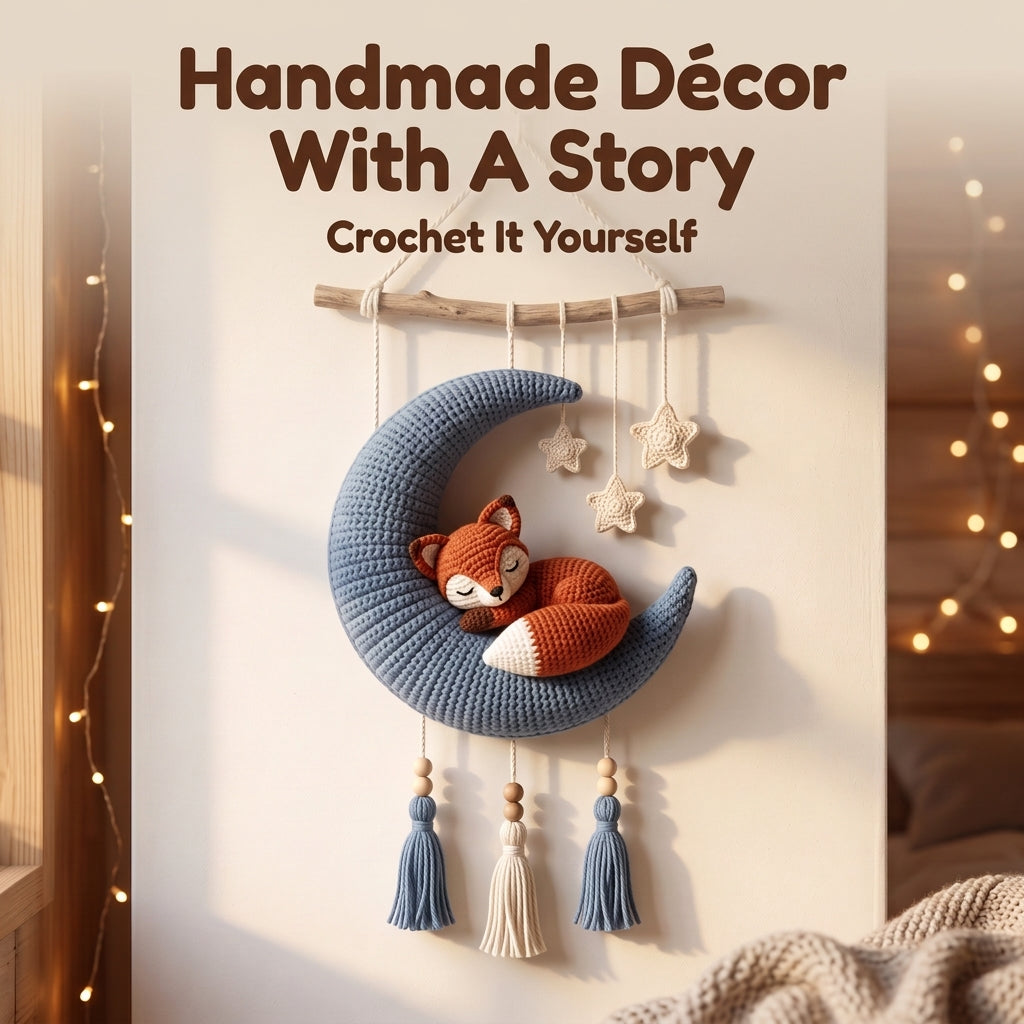 Crochet Moon Wall Hanging Pattern – Sleeping Fox on a Crescent Moon, Nursery Décor