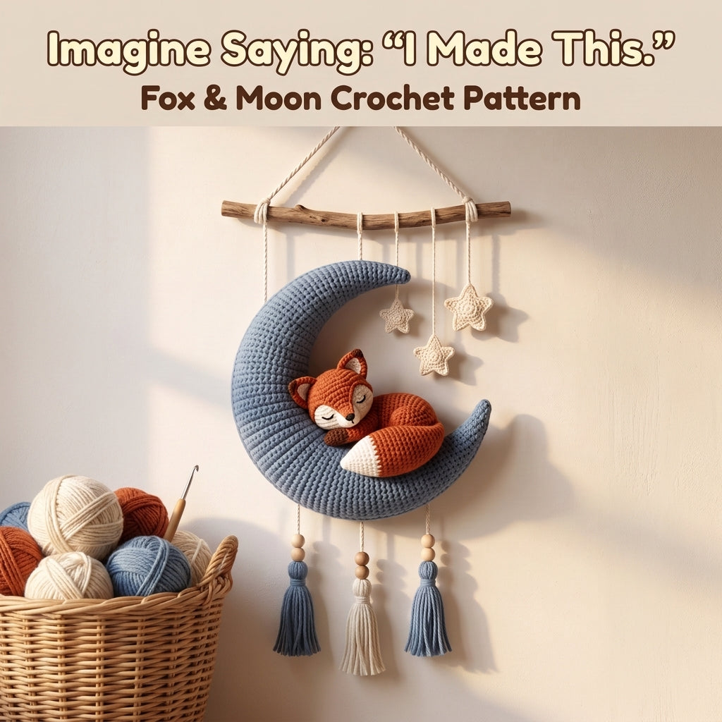 Crochet Moon Wall Hanging Pattern – Sleeping Fox on a Crescent Moon, Nursery Décor