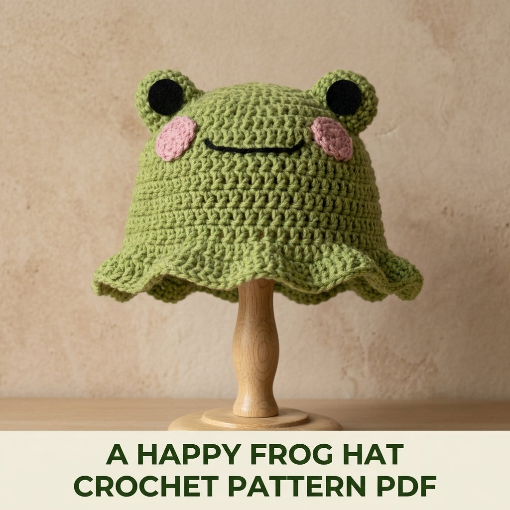 Frog Bucket Hat Crochet Pattern PDF – Cute Frog Face Hat with Ruffle Brim