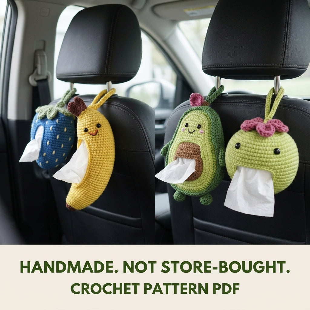 Fruit Car Tissue Holder Crochet Pattern PDF – Avocado Banana Strawberry Set