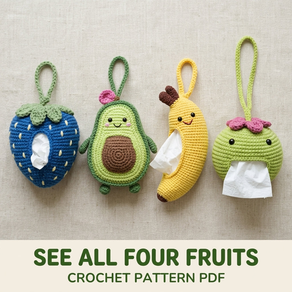 Fruit Car Tissue Holder Crochet Pattern PDF – Avocado Banana Strawberry Set