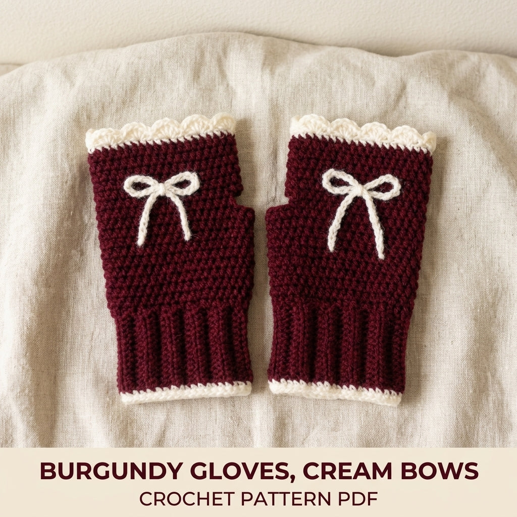 Bow Fingerless Gloves Crochet Pattern PDF – Burgundy Wrist Warmers with Scalloped Trim