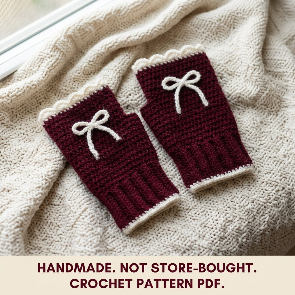 Bow Fingerless Gloves Crochet Pattern PDF – Burgundy Wrist Warmers with Scalloped Trim