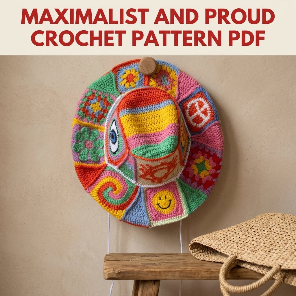 Patchwork Bucket Hat Crochet Pattern PDF – Motif Panels with Smiley and Evil Eye