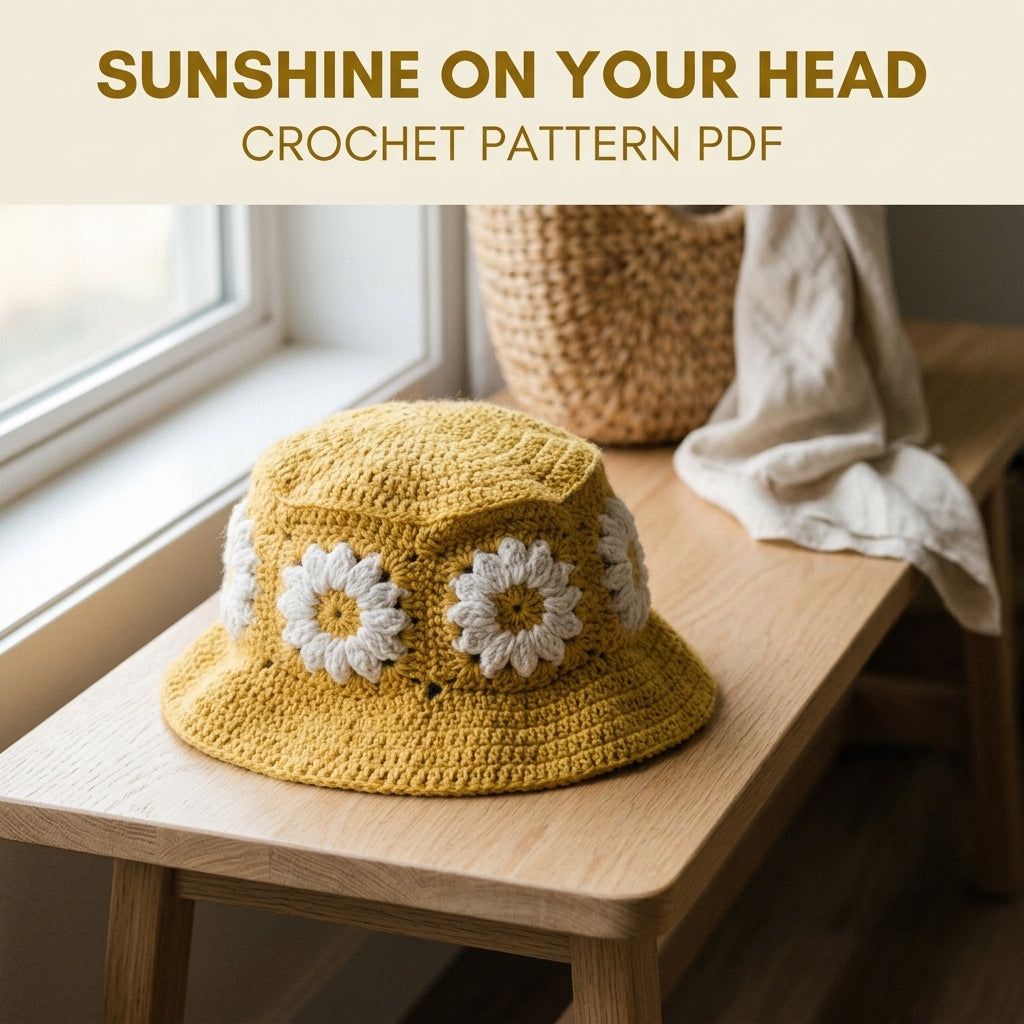 Mustard Daisy Granny Bucket Hat Crochet Pattern PDF – Granny Square Flower Sun Hat