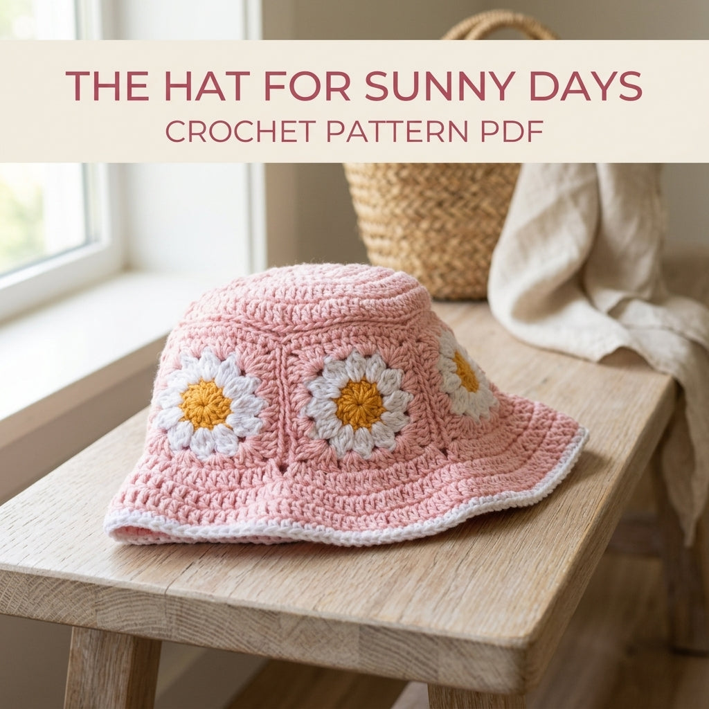 Pink Daisy Granny Bucket Hat Crochet Pattern PDF – Granny Square Sun Hat with Flowers