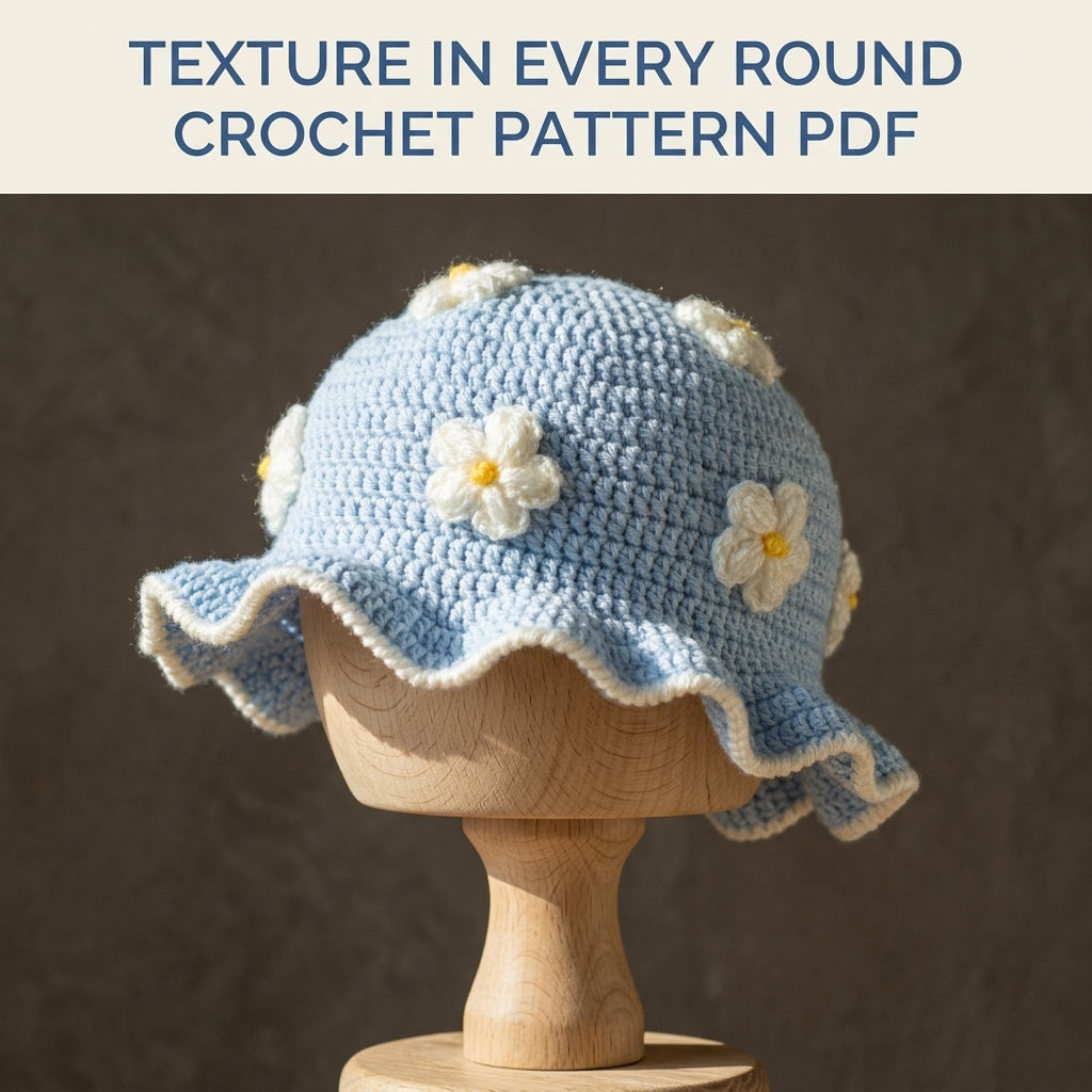 Blue Flower Ruffle Baby Hat Crochet Pattern PDF – Baby Sun Hat with Puff Flowers