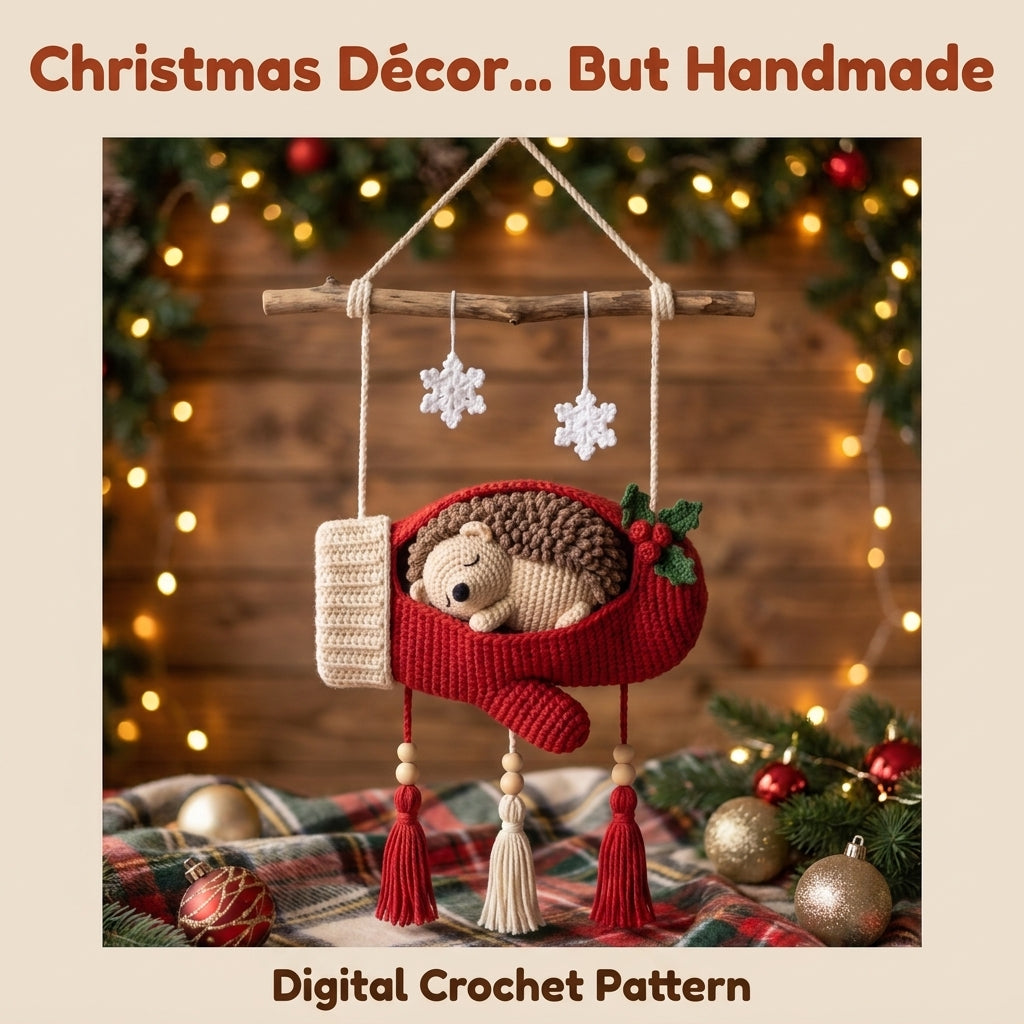 Crochet Mitten Wall Hanging Pattern – Sleeping Hedgehog in a Cozy Red Mitten