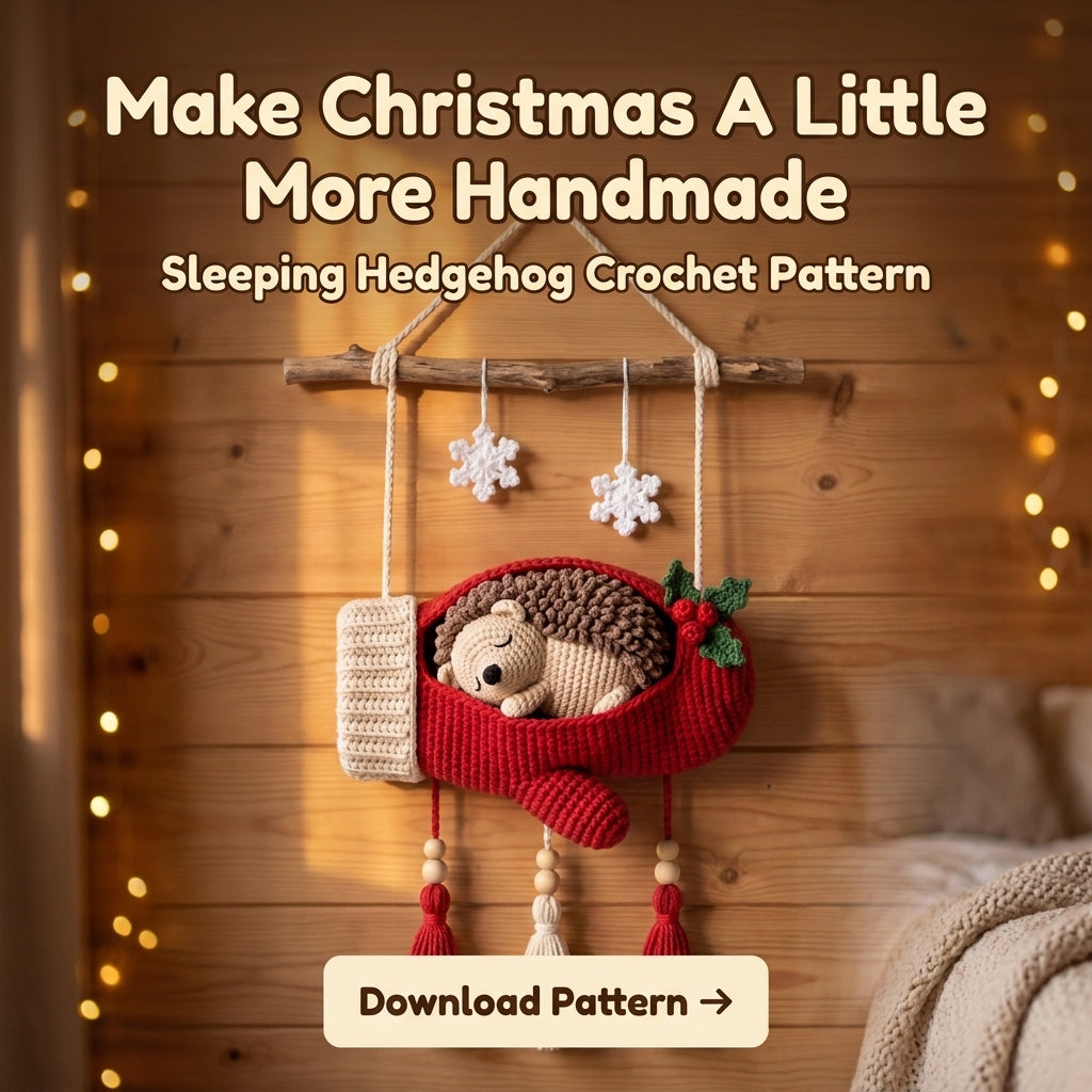 Crochet Mitten Wall Hanging Pattern – Sleeping Hedgehog in a Cozy Red Mitten