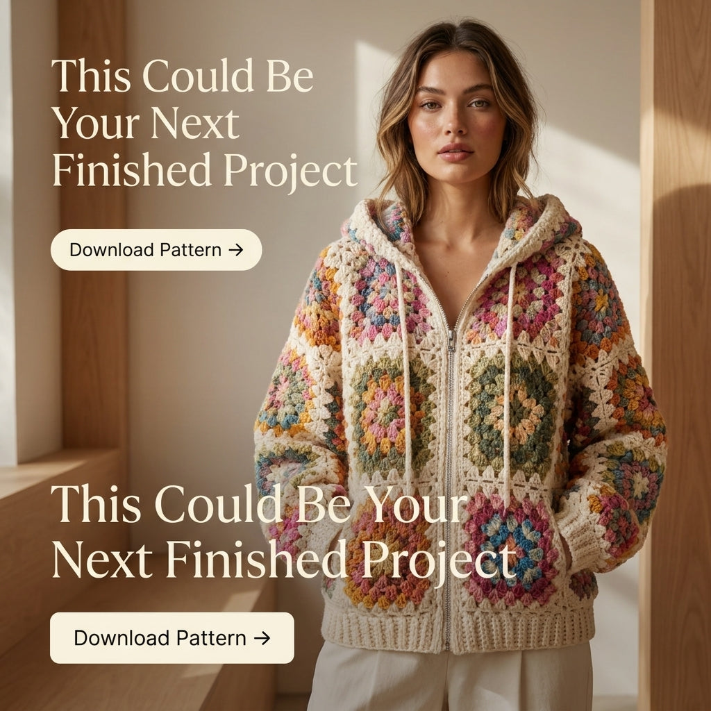 Granny Square Hoodie Crochet Pattern — Zip-Up Hooded Jacket in Cream, Sizes XS–3XL, US Terms, PDF Download
