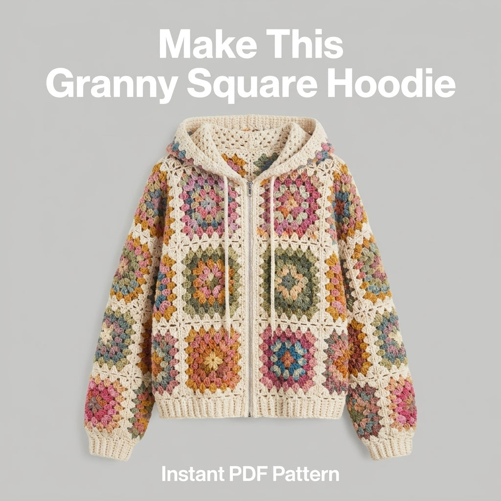 Granny Square Hoodie Crochet Pattern — Zip-Up Hooded Jacket in Cream, Sizes XS–3XL, US Terms, PDF Download