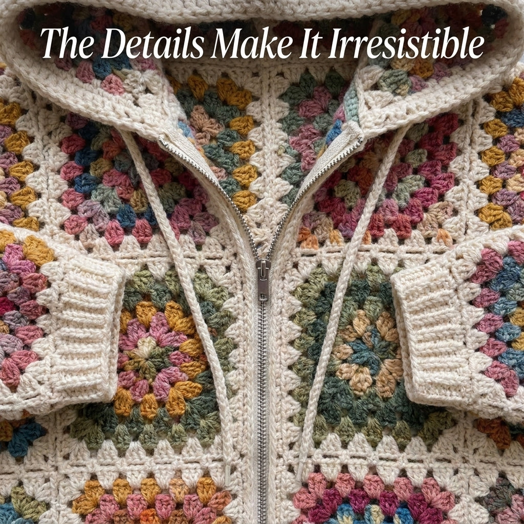 Granny Square Hoodie Crochet Pattern — Zip-Up Hooded Jacket in Cream, Sizes XS–3XL, US Terms, PDF Download