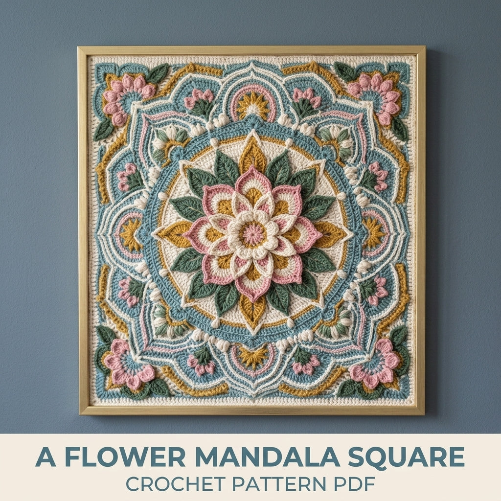 Framed Flower Mandala Square Crochet Pattern PDF – 3D Mandala Wall Art