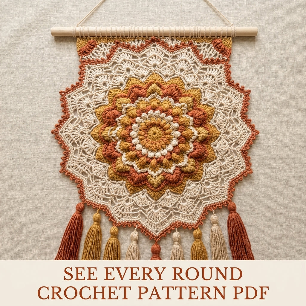 Popcorn Mandala Tassel Wall Hanging Crochet Pattern PDF – Boho Wall Decor