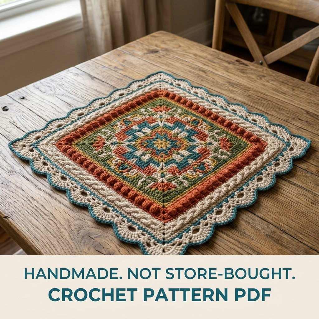 Folk Mandala Square Table Mat Crochet Pattern PDF – Textured Centrepiece