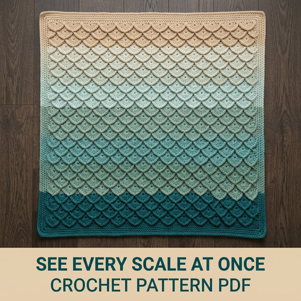 Mermaid Scale Crochet Blanket Pattern PDF – Textured 3D Scales Throw in Teal and Sand