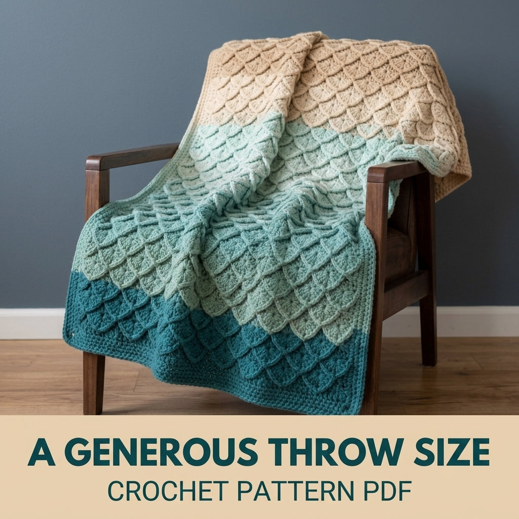 Mermaid Scale Crochet Blanket Pattern PDF – Textured 3D Scales Throw in Teal and Sand