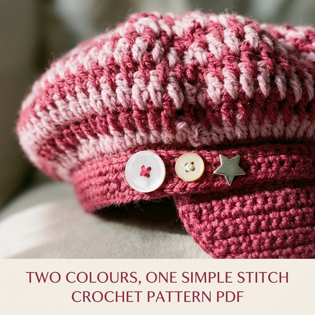 Raspberry Two-Tone Newsboy Cap Crochet Pattern PDF – Slouchy Brimmed Hat with Button Strap