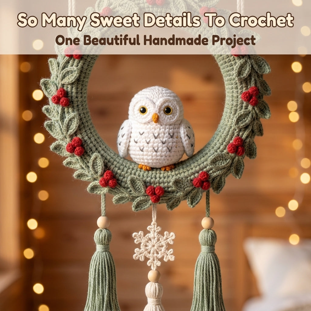 Crochet Wreath Wall Hanging Pattern – Sleeping Snowy Owl with Holly Berries