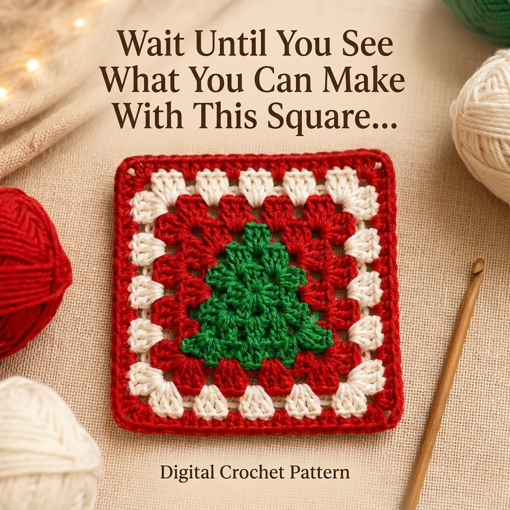 Christmas Tree Granny Square Crochet Pattern — 2 Festive Motifs in Red and Cream, Beginner Friendly, US Terms, PDF Download