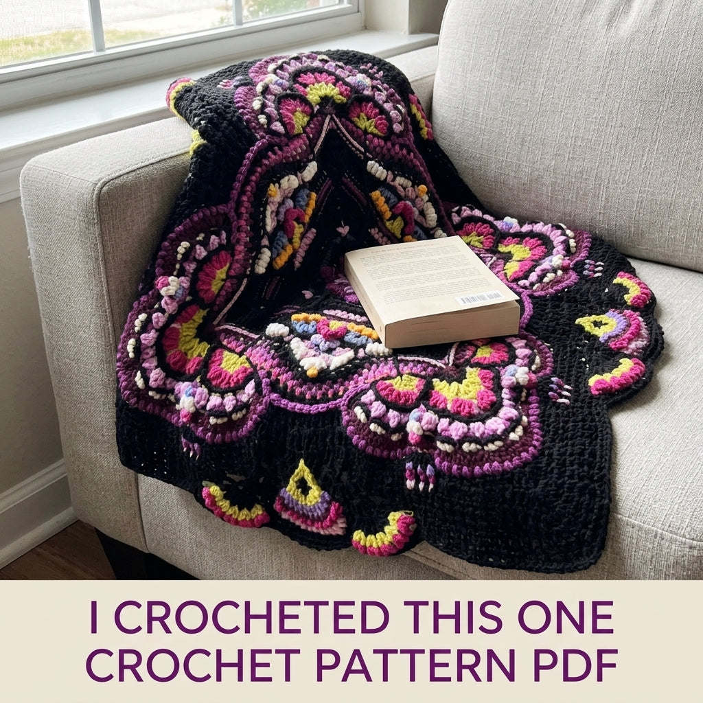 Midnight Bloom Crochet Blanket Pattern PDF – Textured Mandala Throw on Black