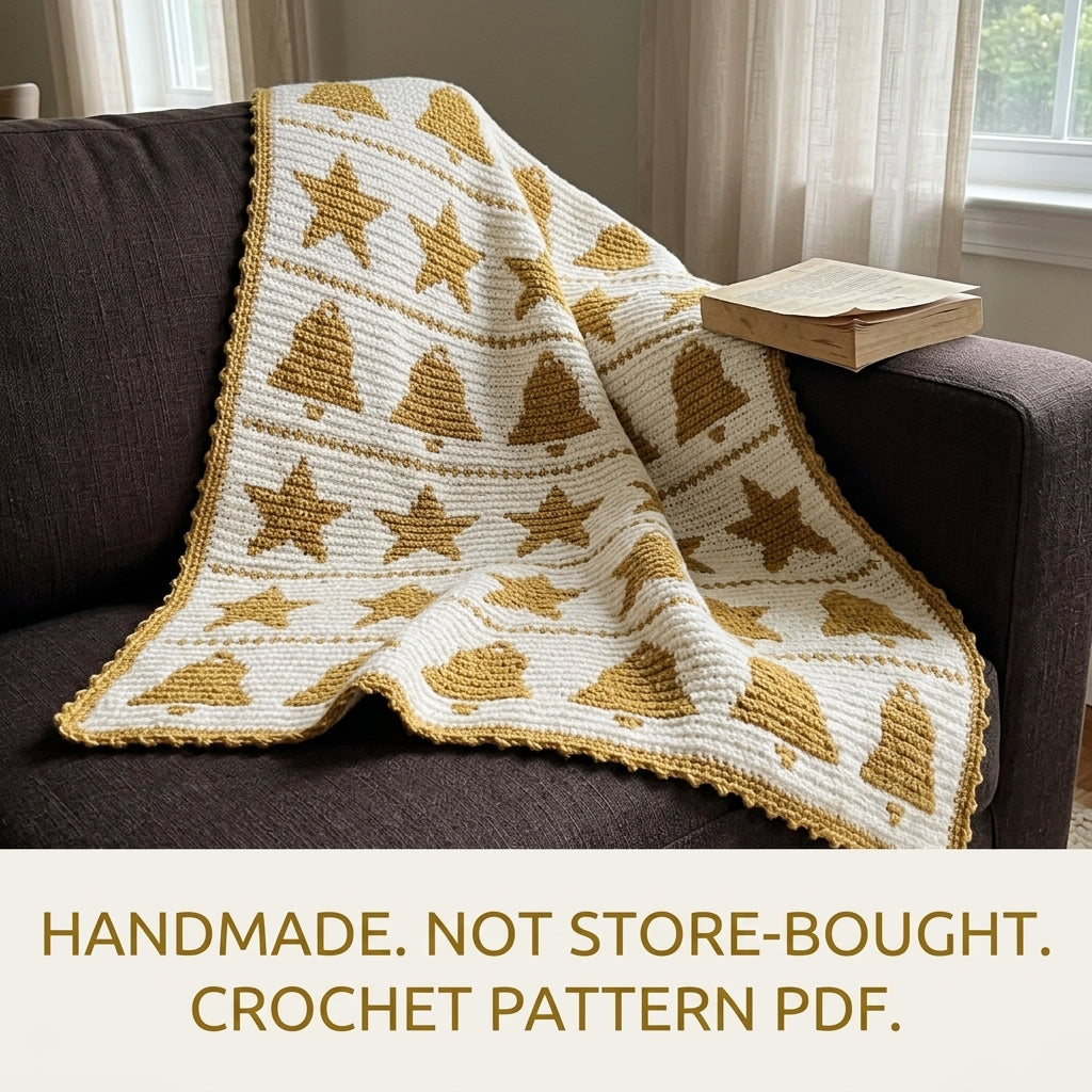 Bells and Stars Crochet Blanket Pattern PDF – Christmas Tapestry Crochet Throw in Gold and White