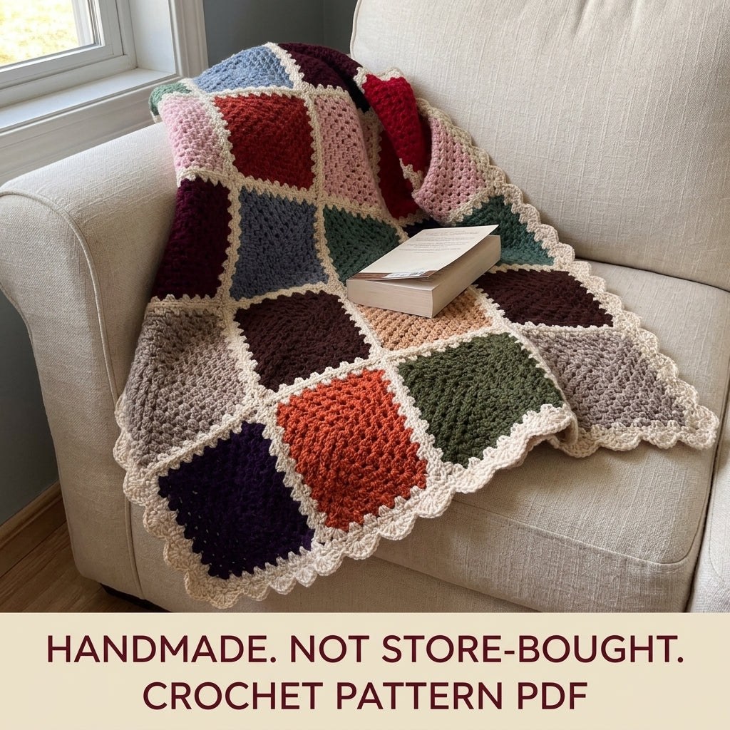 Cream Frame Granny Square Blanket Crochet Pattern PDF – Solid Square Throw with Scalloped Border