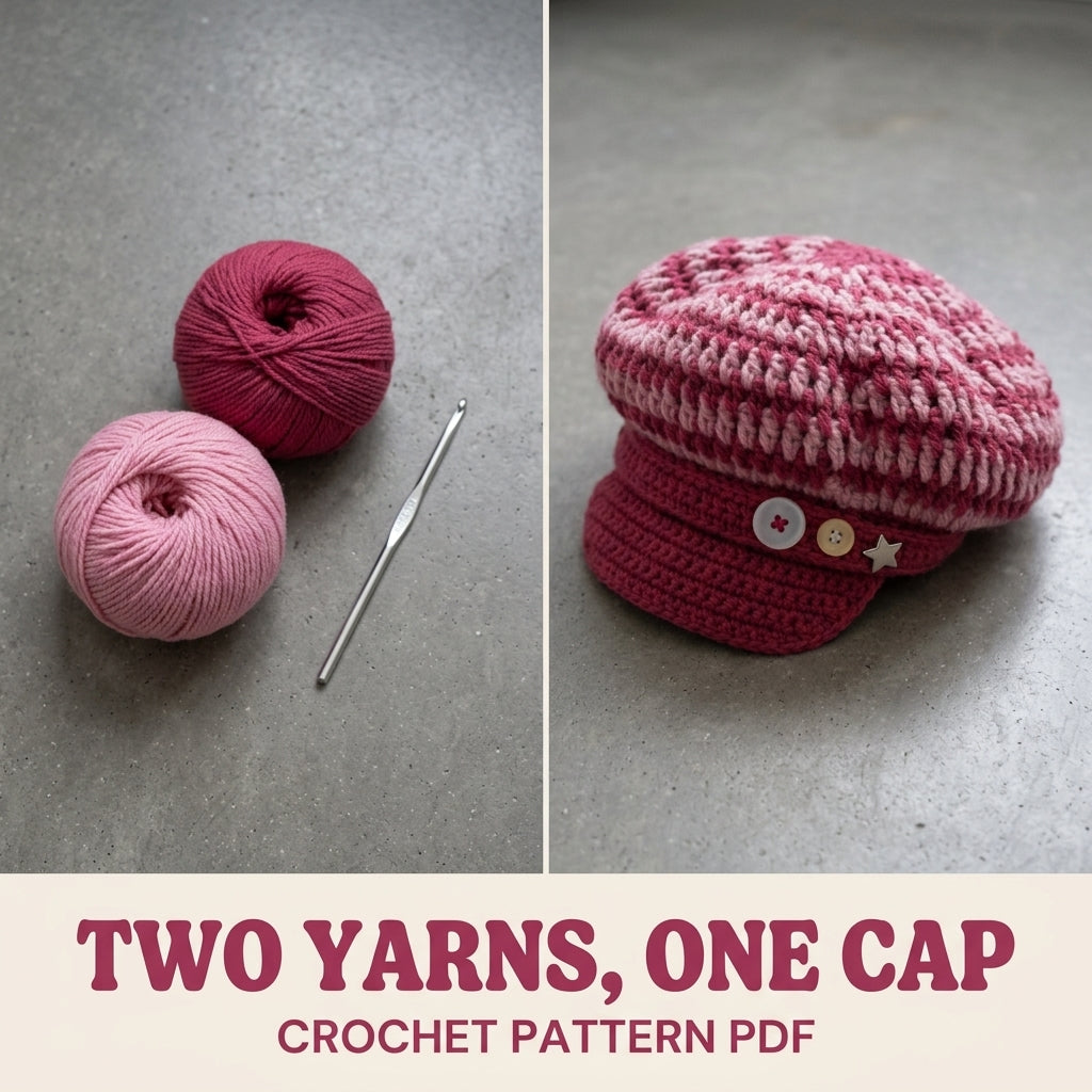 Raspberry Two-Tone Newsboy Cap Crochet Pattern PDF – Slouchy Brimmed Hat with Button Strap