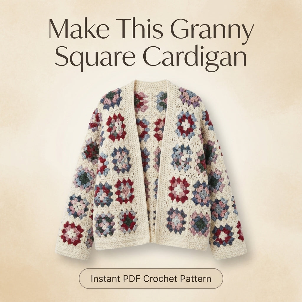 Granny Square Cardigan Crochet Pattern — Cream Oversized Cardigan with Bell Sleeves, Sizes XS–3XL, US Terms, PDF Download