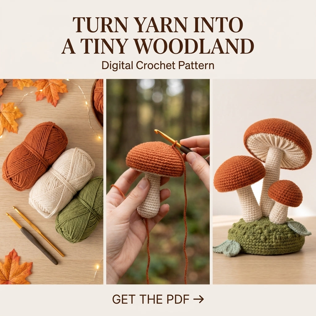 Crochet Mushroom Pattern – Mushroom Cluster on a Moss Base, Cottagecore Décor