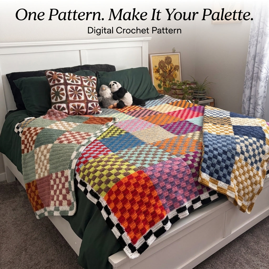 Checkered Patchwork Blanket Crochet Pattern – Colorful Scrap Yarn Throw