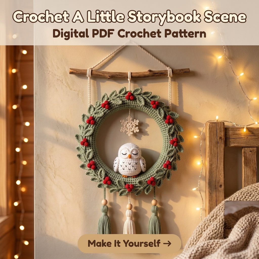 Crochet Wreath Wall Hanging Pattern – Sleeping Snowy Owl with Holly Berries