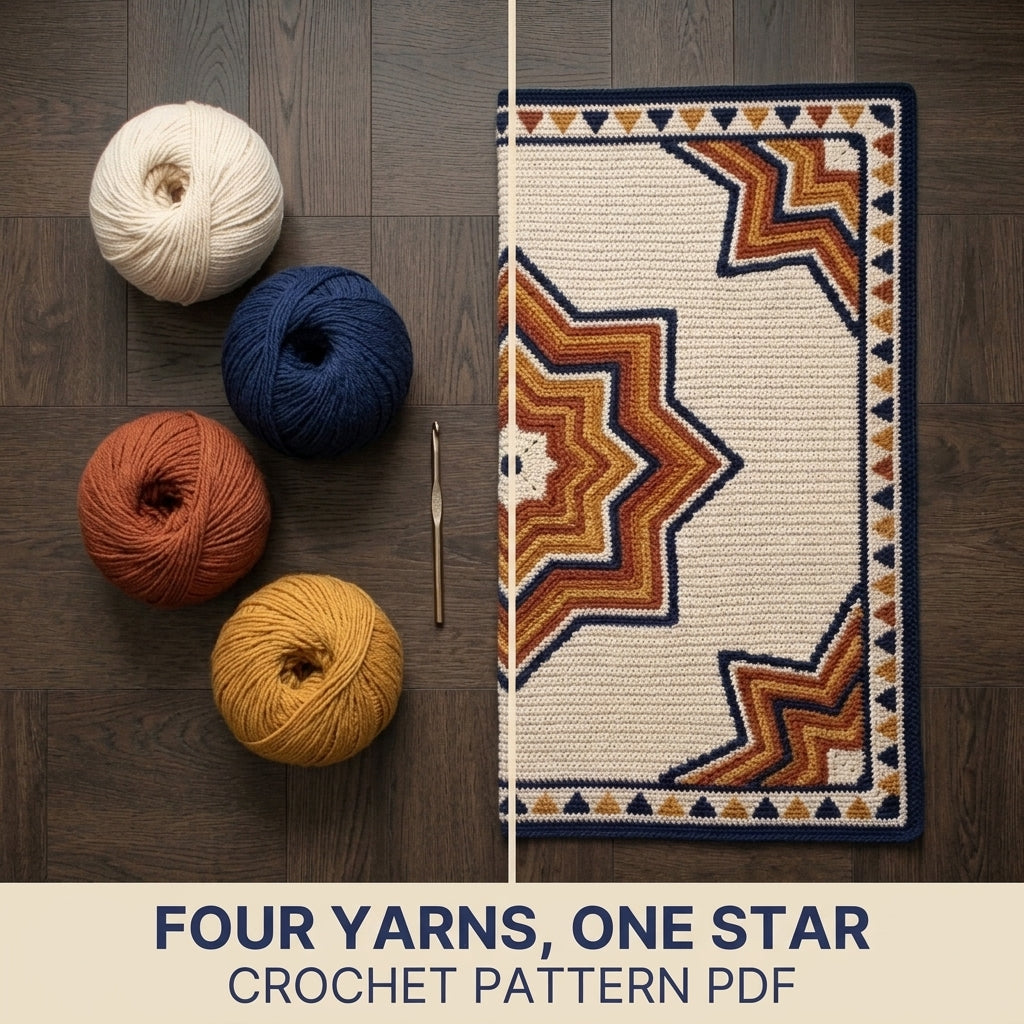 Star Tapestry Crochet Blanket Pattern PDF – Nested Eight-Point Star Throw in Navy, Rust and Mustard