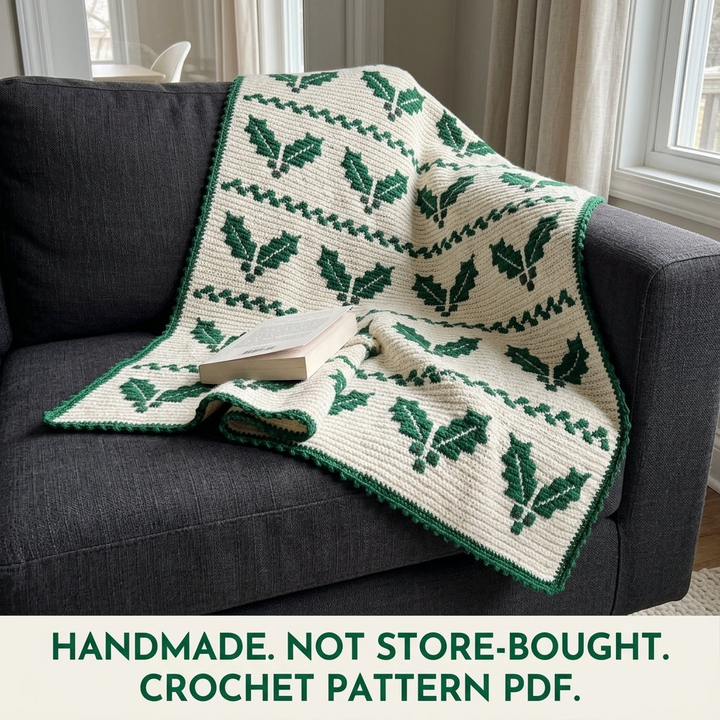 Holly Crochet Blanket Pattern PDF – Christmas Tapestry Crochet Throw in Green and White