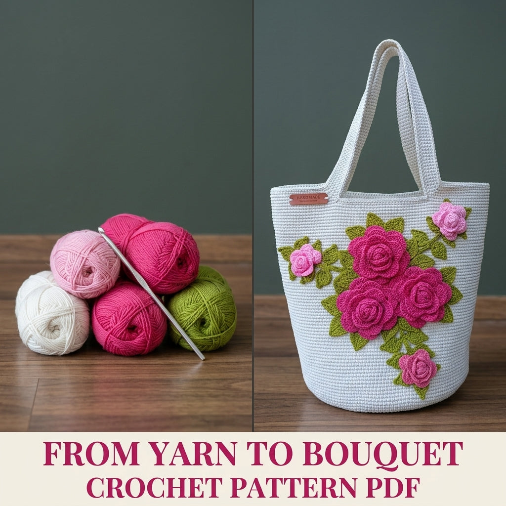 Rose Bouquet Bucket Tote Crochet Pattern PDF – 3D Rose Bag