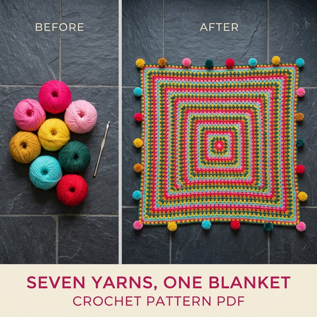Pompom Giant Granny Square Blanket Crochet Pattern PDF – Bright Granny Throw with Pompoms
