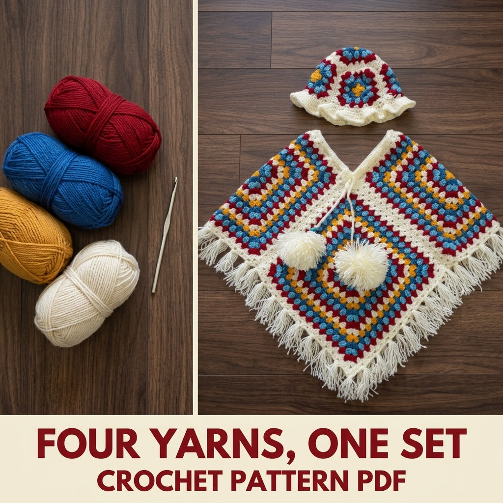 Granny Poncho and Hat Set Crochet Pattern PDF – Kids Retro Poncho with Fringe