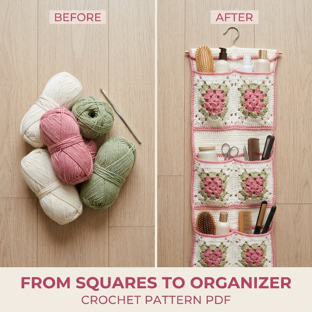 Rose Granny Pocket Organizer Crochet Pattern PDF – Hanging Bathroom Storage
