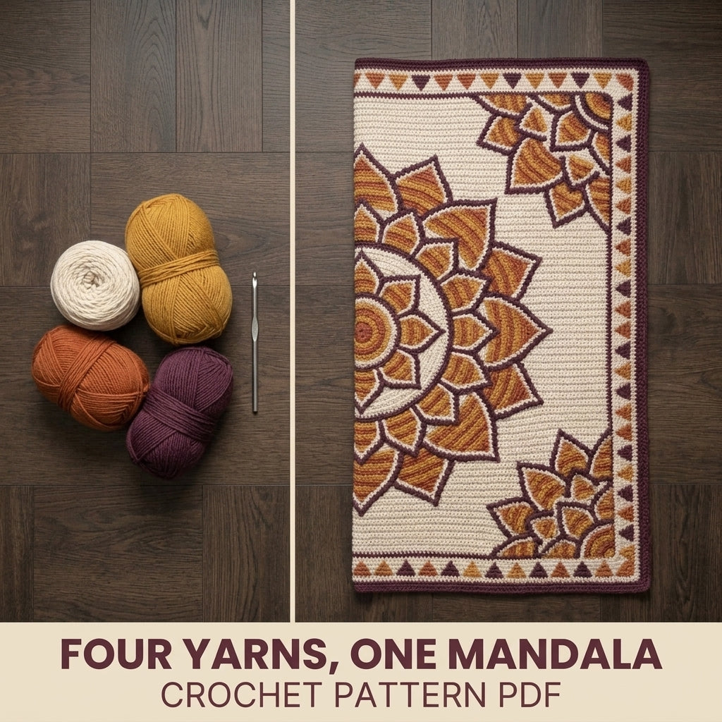 Lotus Mandala Tapestry Crochet Blanket Pattern PDF – Floral Throw in Mustard, Orange and Plum