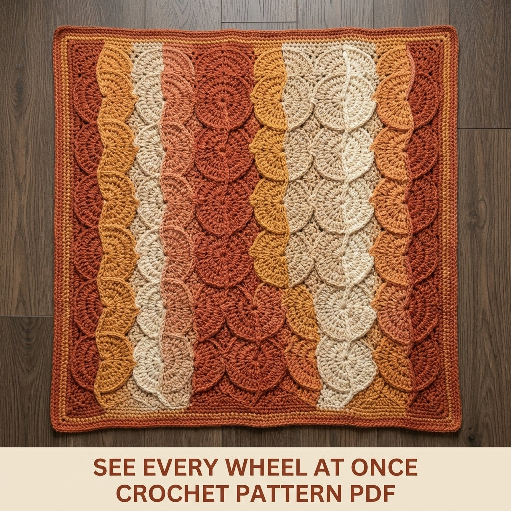 Catherine Wheel Crochet Blanket Pattern PDF – Textured Scalloped Throw in Rust, Orange and Cream