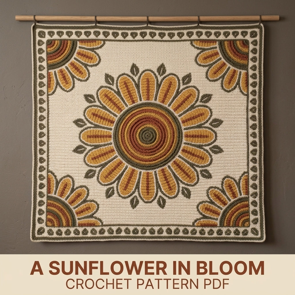 Sunflower Tapestry Crochet Blanket Pattern PDF – Floral Medallion Throw in Mustard, Rust and Olive
